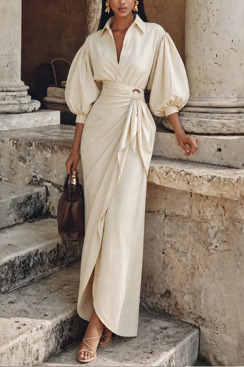 Collared Puff Sleeve Top & Ring‑Detail Wrap Maxi Skirt Two‑Piece Set