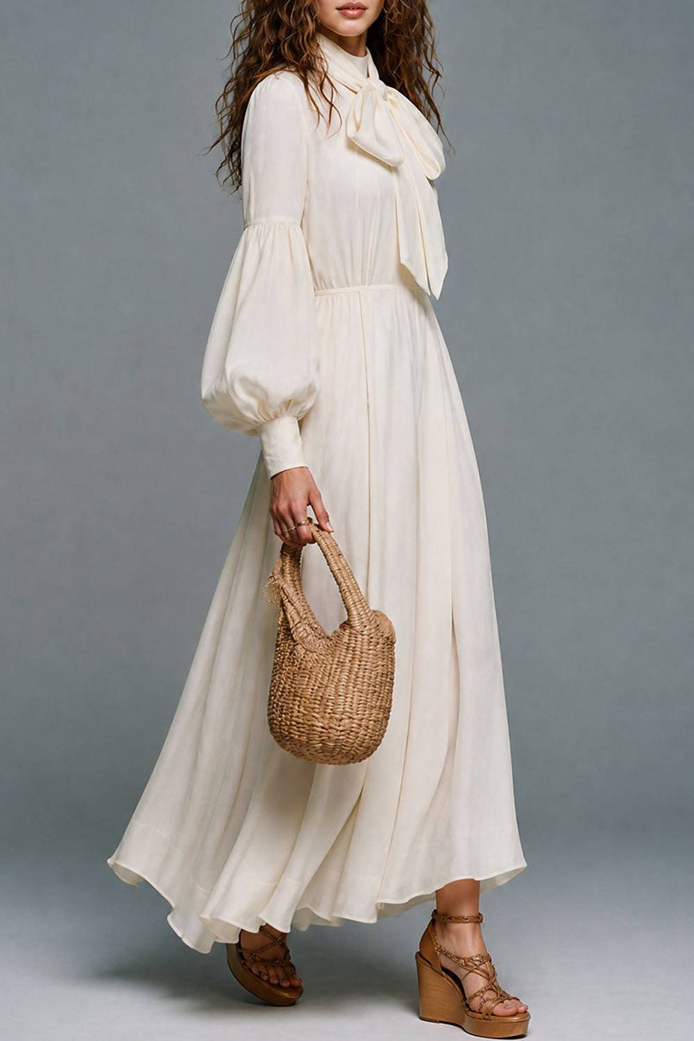 Bow Neck Balloon Long Sleeve Flowy Maxi Dress