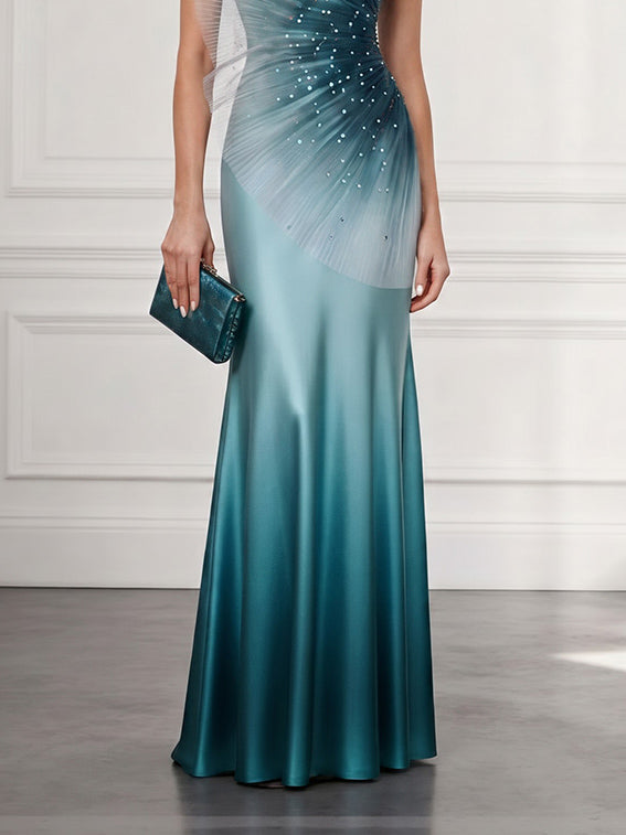 Elegant Gradient One-Shoulder Tulle Satin Maxi Dress
