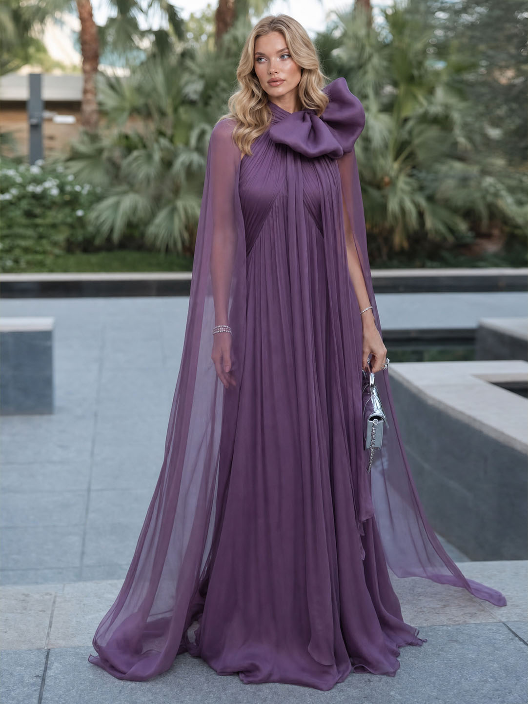 Elegant Sheer Chiffon Cape Bow Maxi Dress