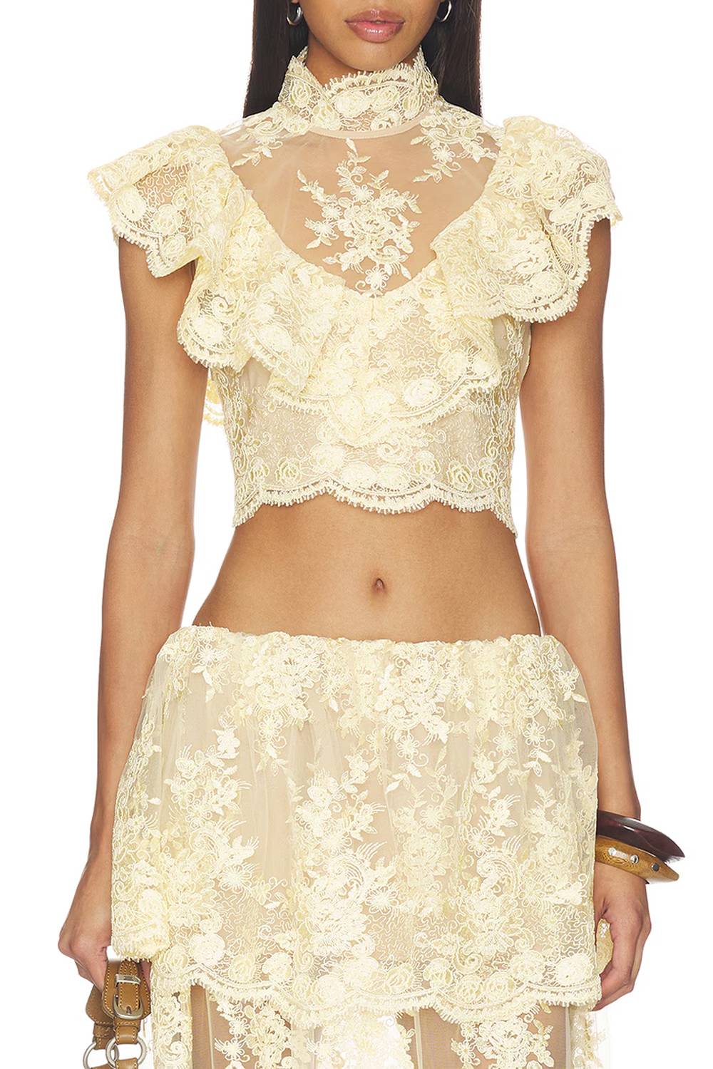 Sheer Lace Two Piece Outfit Ruffle Crop Top & Maxi Skirt Set