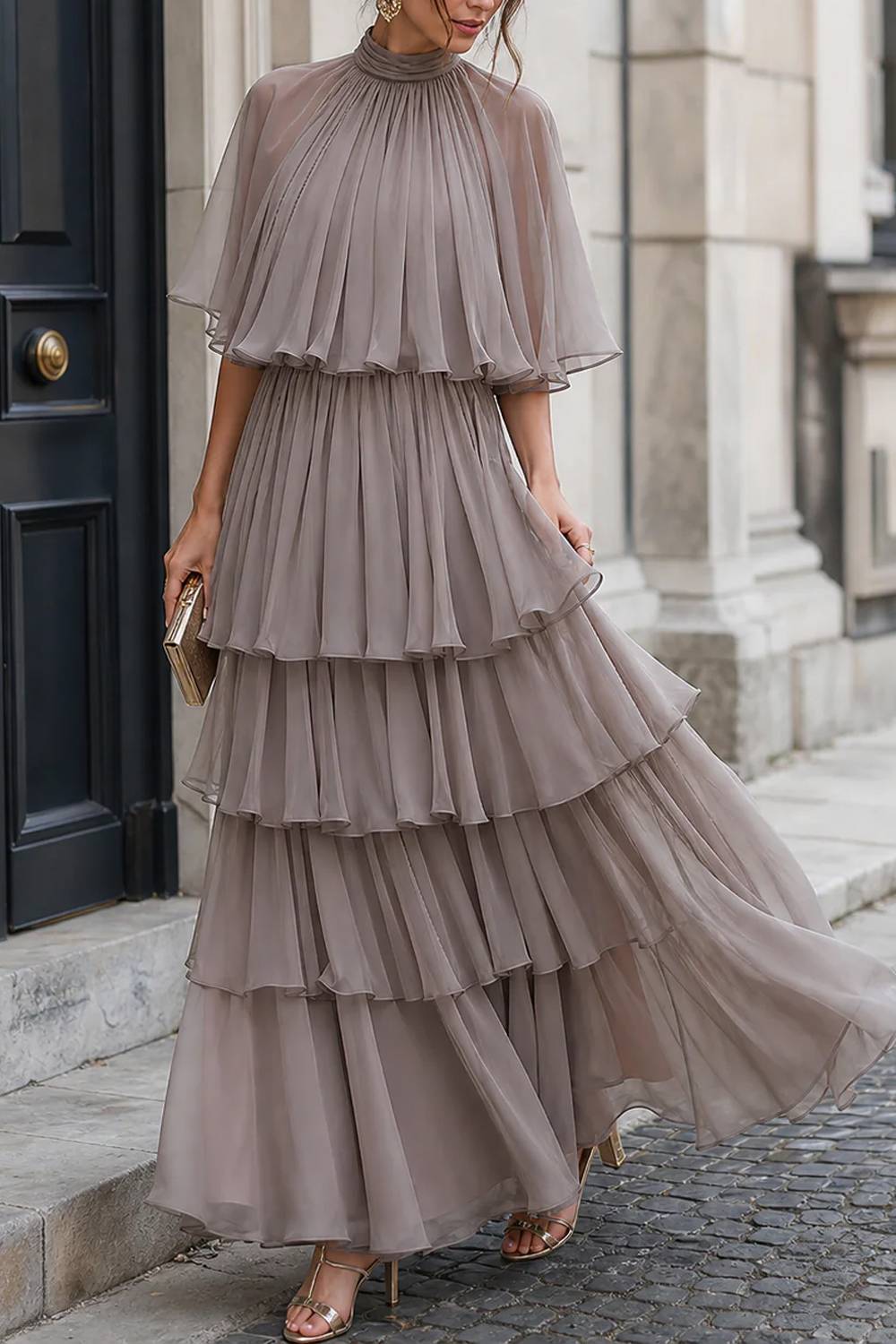 Cape Sleeve Tiered Flowy High Neck Maxi Dress