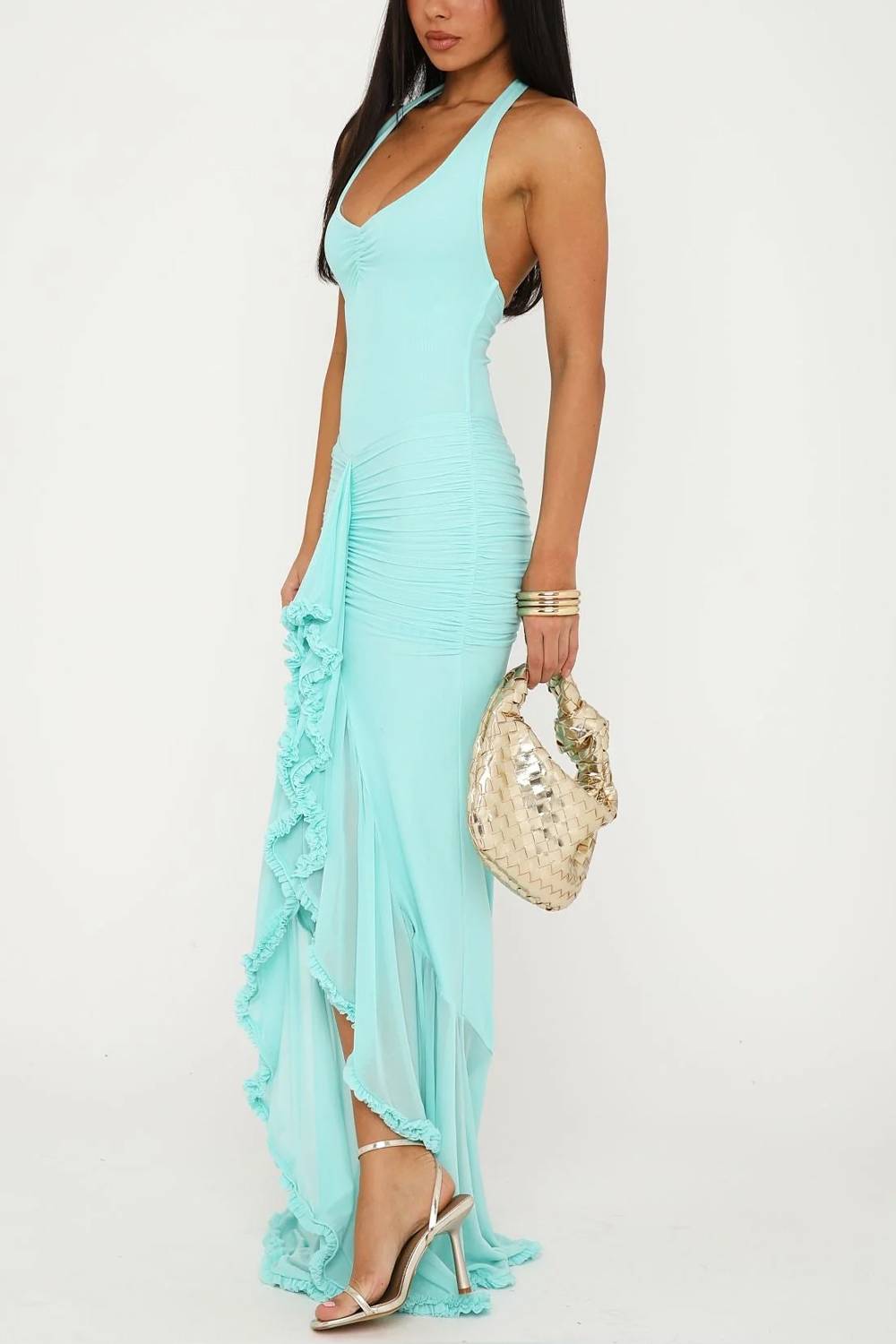 Halter-neck Pleated Ruffled Slit Maxi Dress