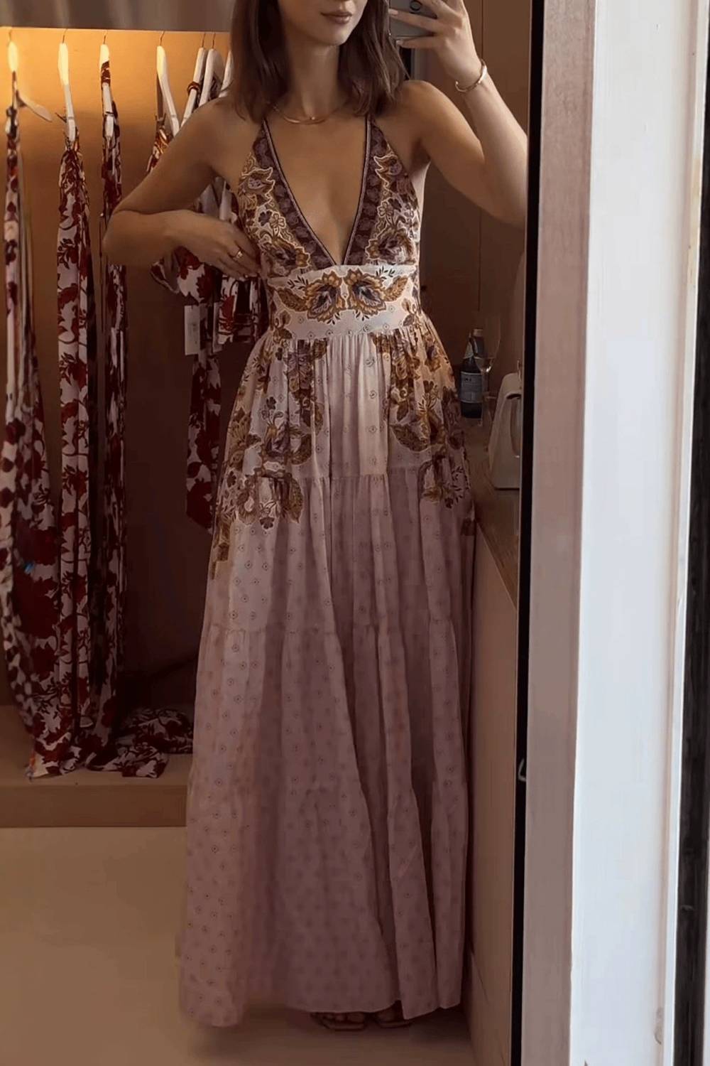 Bohemian V-neck Floral Print Long Dress
