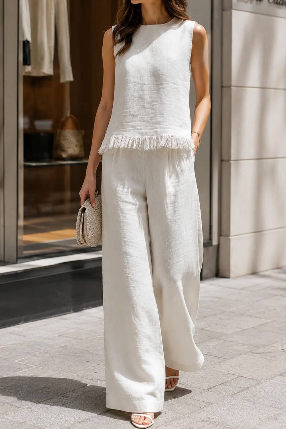 Fringe Trim Sleeveless Top & Wide‑Leg Pants Two‑Piece Outfit