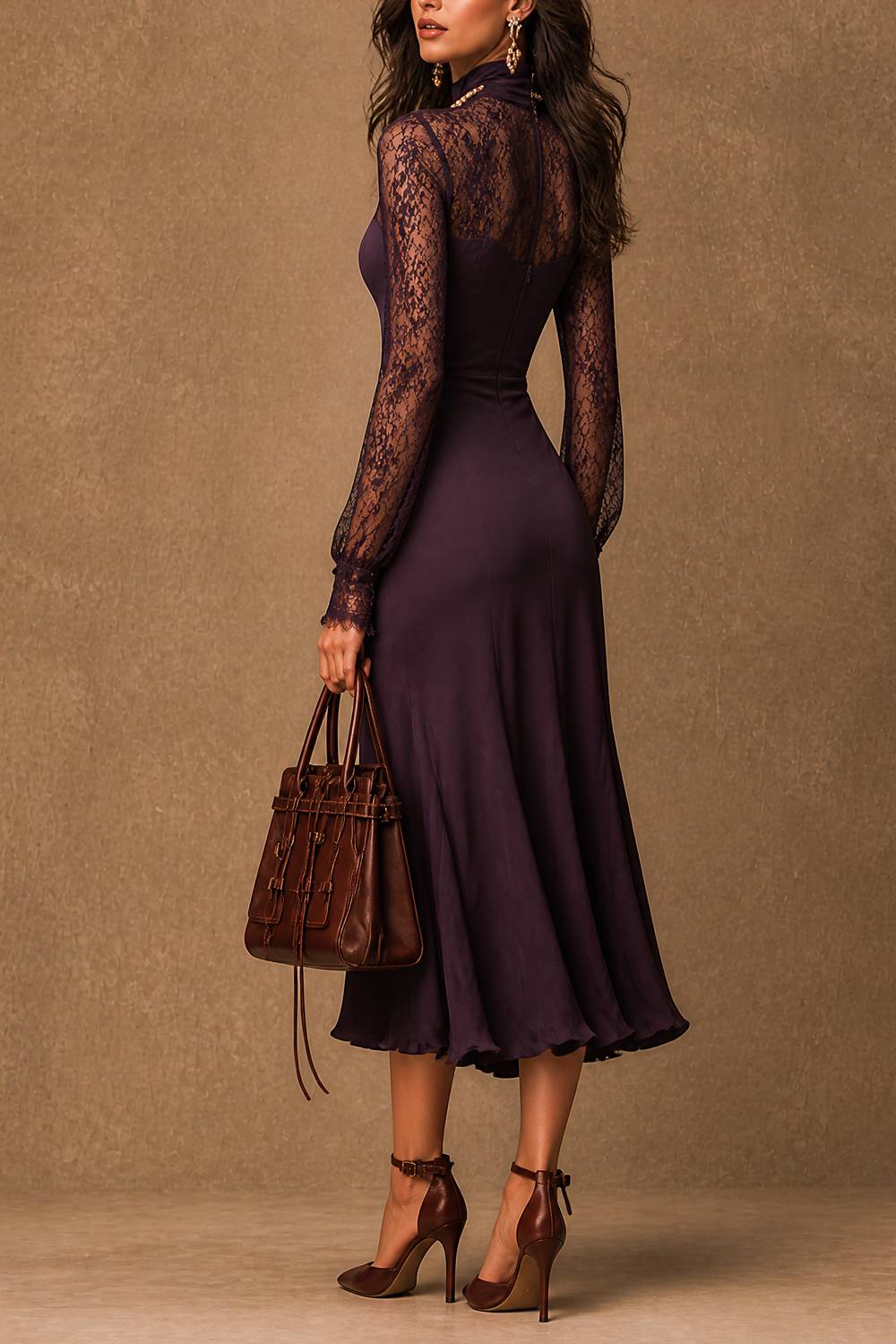 Lace Mock Neck Long Sleeve Flared Midi Evening Dress