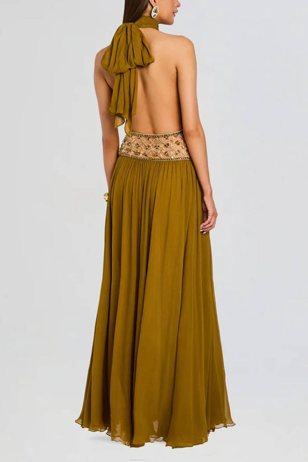 Halter High‑Neck Beaded Mesh Waist High‑Slit Maxi Evening Dress