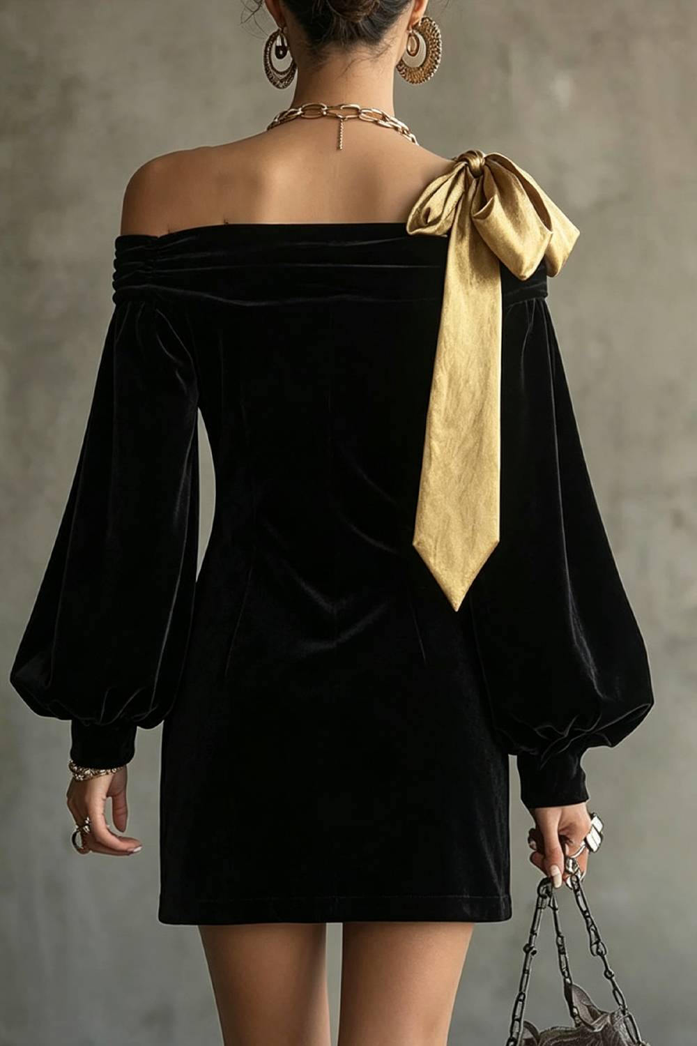 Off‑Shoulder Contrast Large Bow Puff Long Sleeve Fitted Mini Party Dress