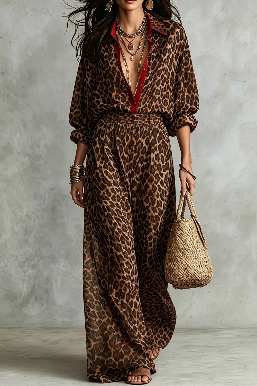 Leopard Print Contrast Collar Shirt & Wide‑Leg Pants Two‑Piece Set
