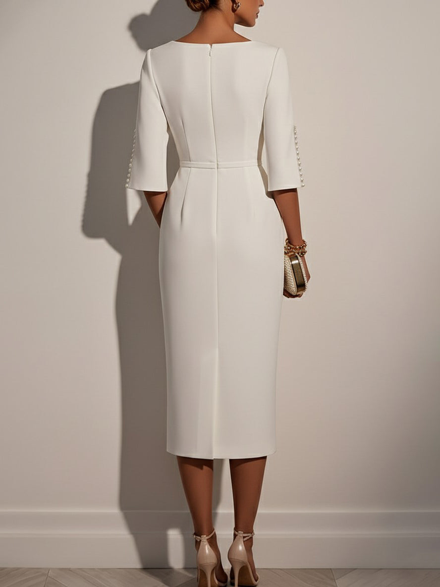 Elegant Round Neck Pearl Short Sleeve Midi Dress-Likemychoice