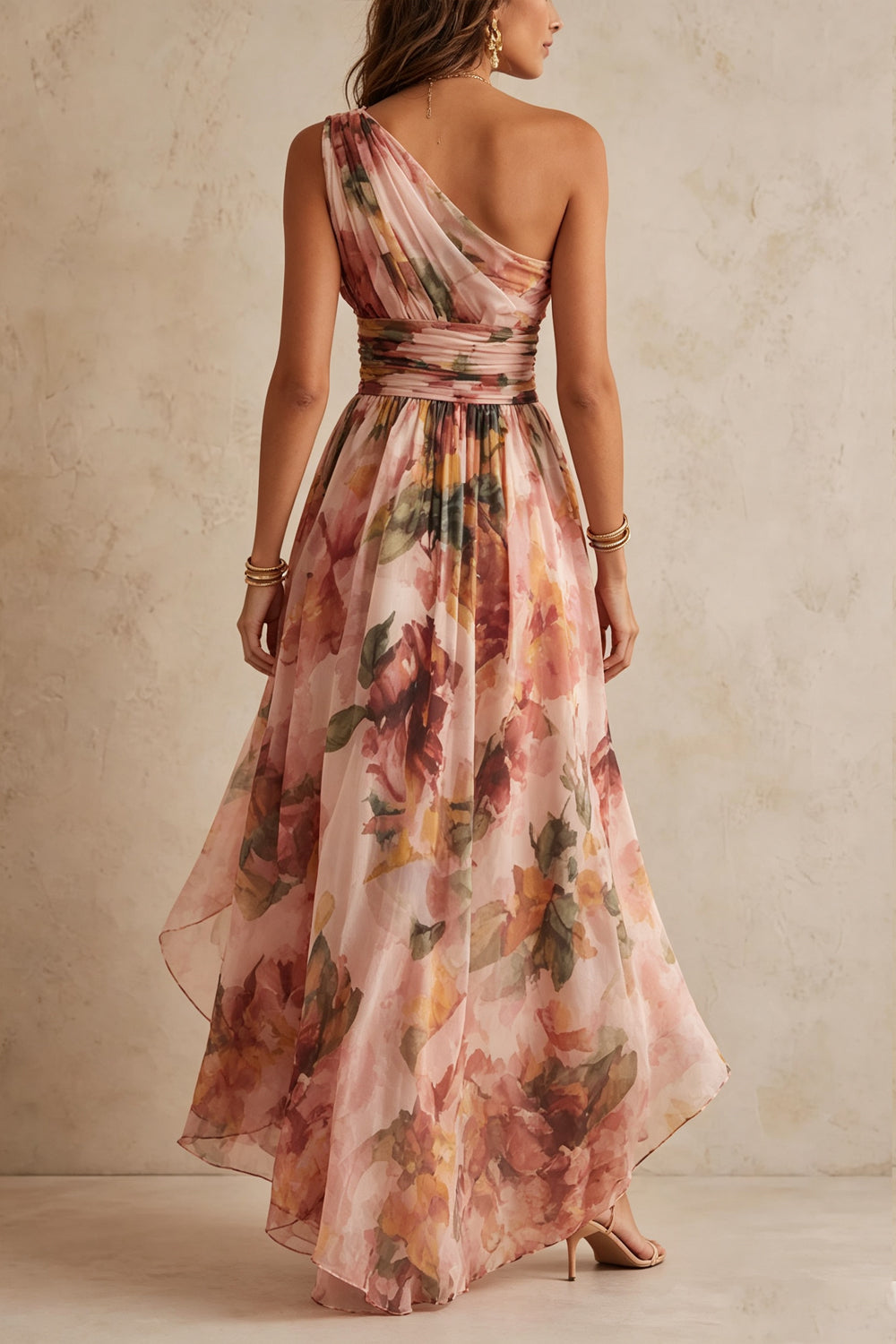 One-Shoulder Tight-Waist Irregular Print Long Dress