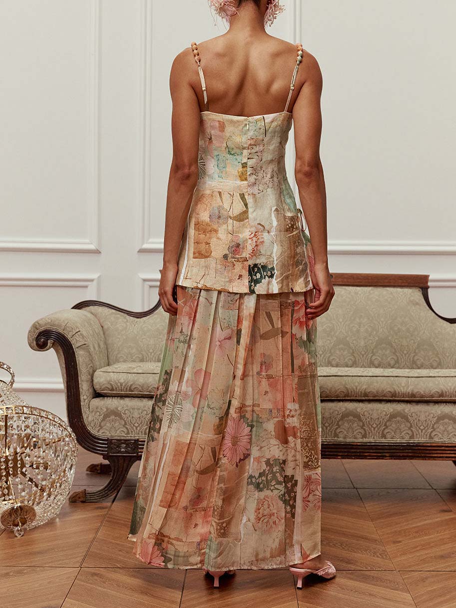 Retro Patchwork Print Beaded Strap Two-Piece Set