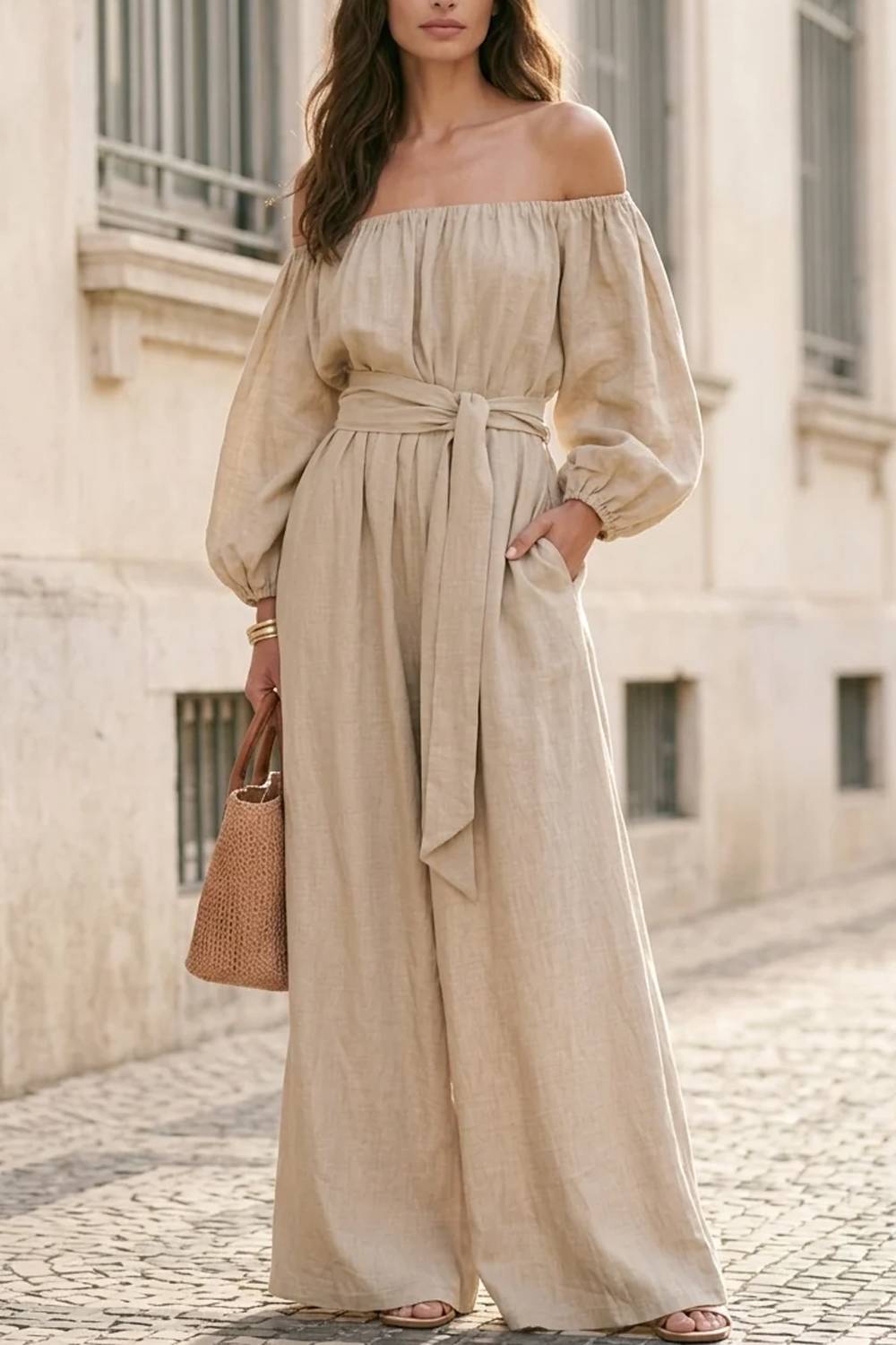 Off-shoulder Puff-sleeve Lace-up Wide-leg Jumpsuit