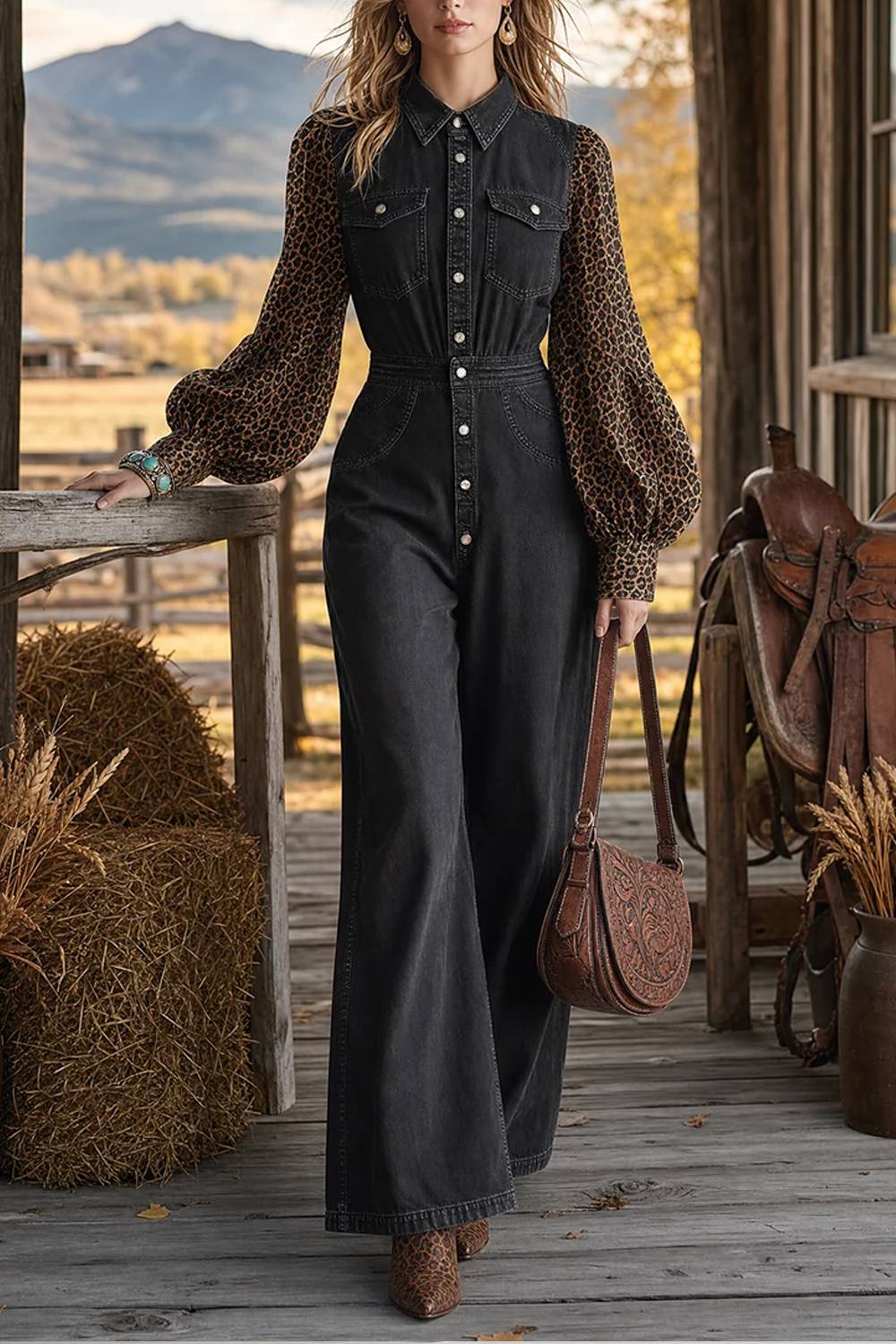 Leopard Lantern Sleeve Denim Wide Leg Jumpsuit