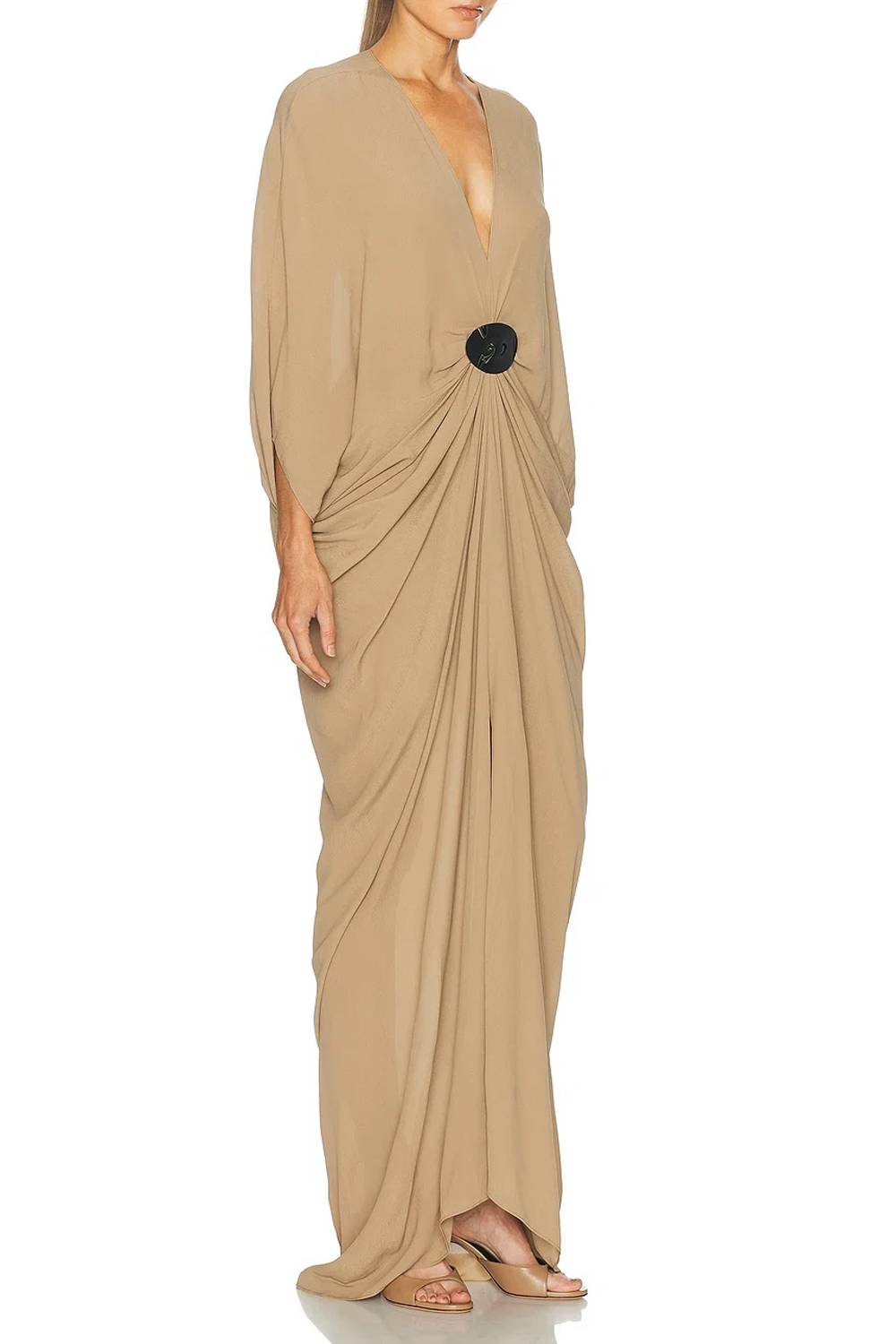 Deep V Batwing Sleeve Metal Buckle Draped Slit Maxi Dress