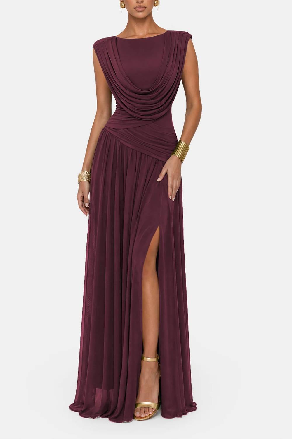 Convertible Neck Sleeveless Ruched Slit Maxi Evening Dress