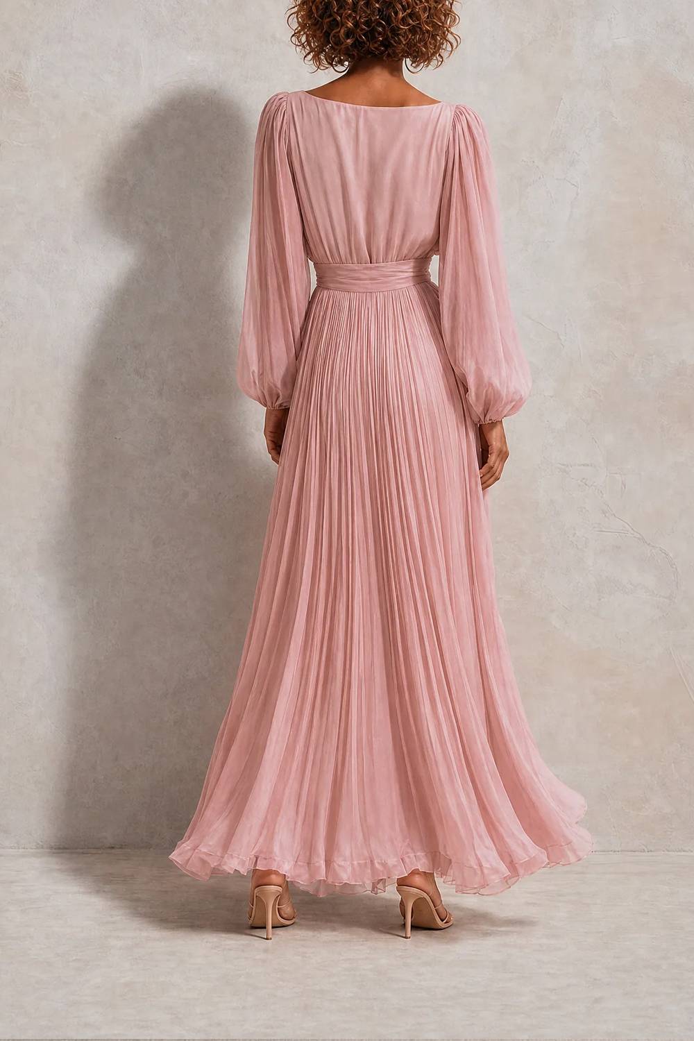 Long Sleeve Pleated Flowy Maxi Dress