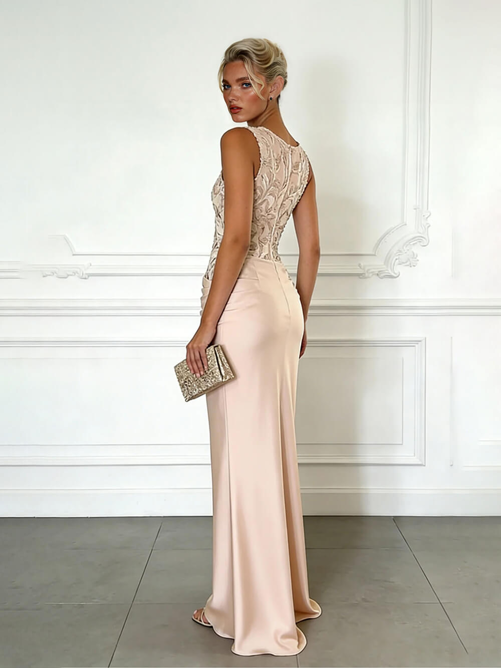 Elegant Blue Embroidery Satin Crew Neck Sleeveless Sheath Maxi Dress