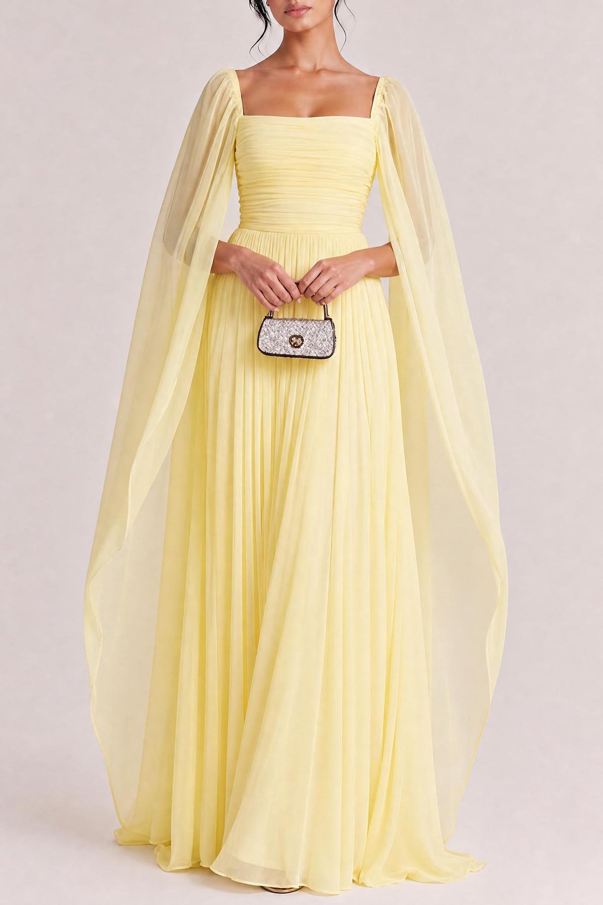 Elegant Cape Sleeve Pleated Chiffon Maxi Dress