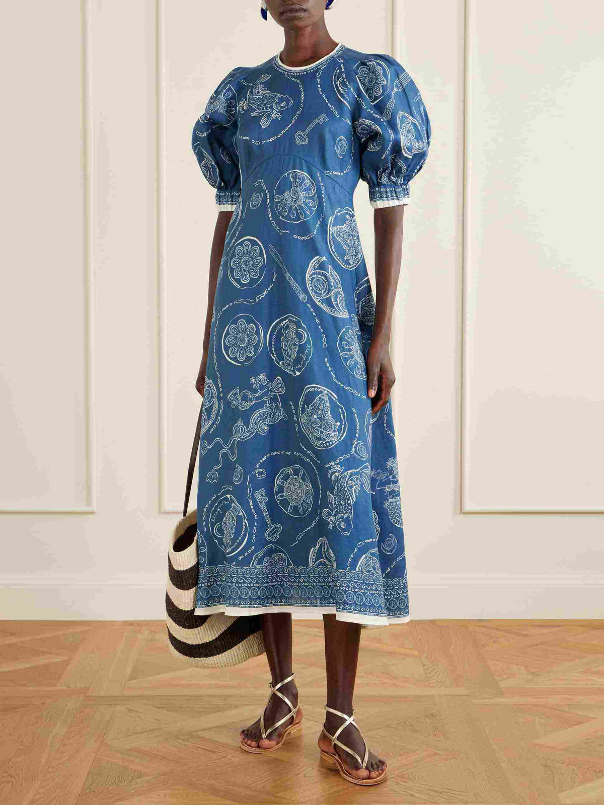 Exquisite Nautical Print Puff Sleeve Midi Dress