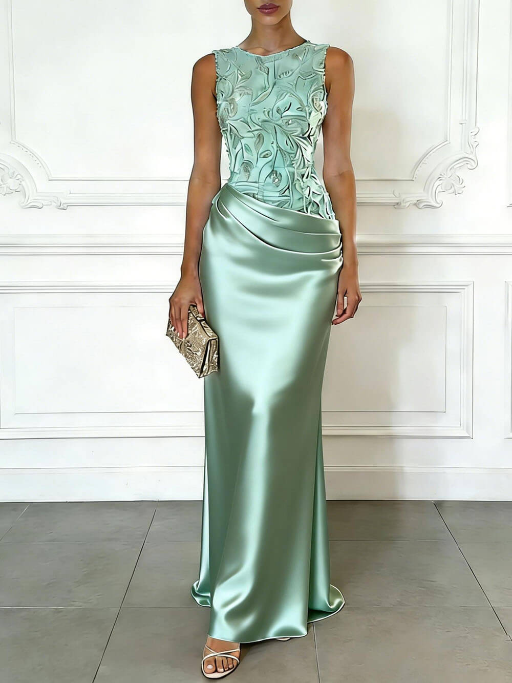 Elegant Yellow Embroidery Satin Crew Neck Sleeveless Sheath Maxi Dress