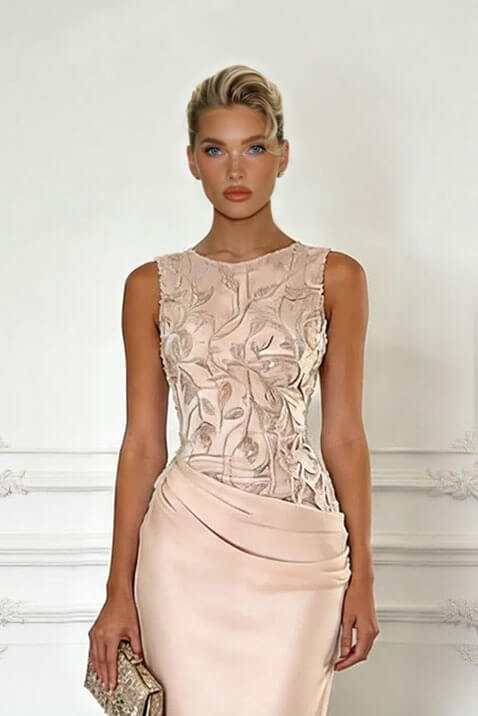 Elegant Yellow Embroidery Satin Crew Neck Sleeveless Sheath Maxi Dress
