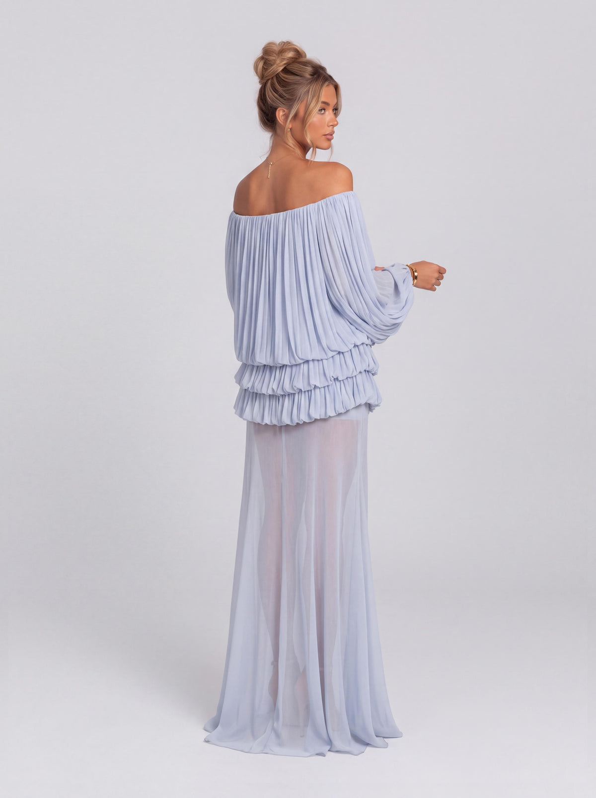 Pleated Off-shoulder Bubble Long Sleeve Perspective Long Party Dress