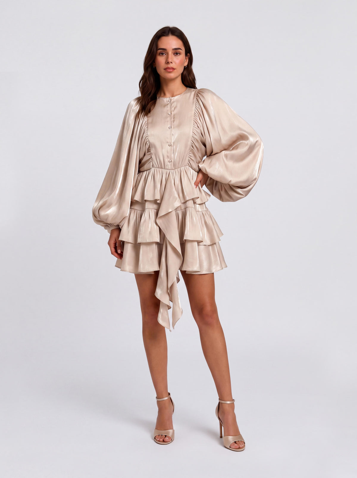 Layered Ruffled Puff Sleeve Short Dress