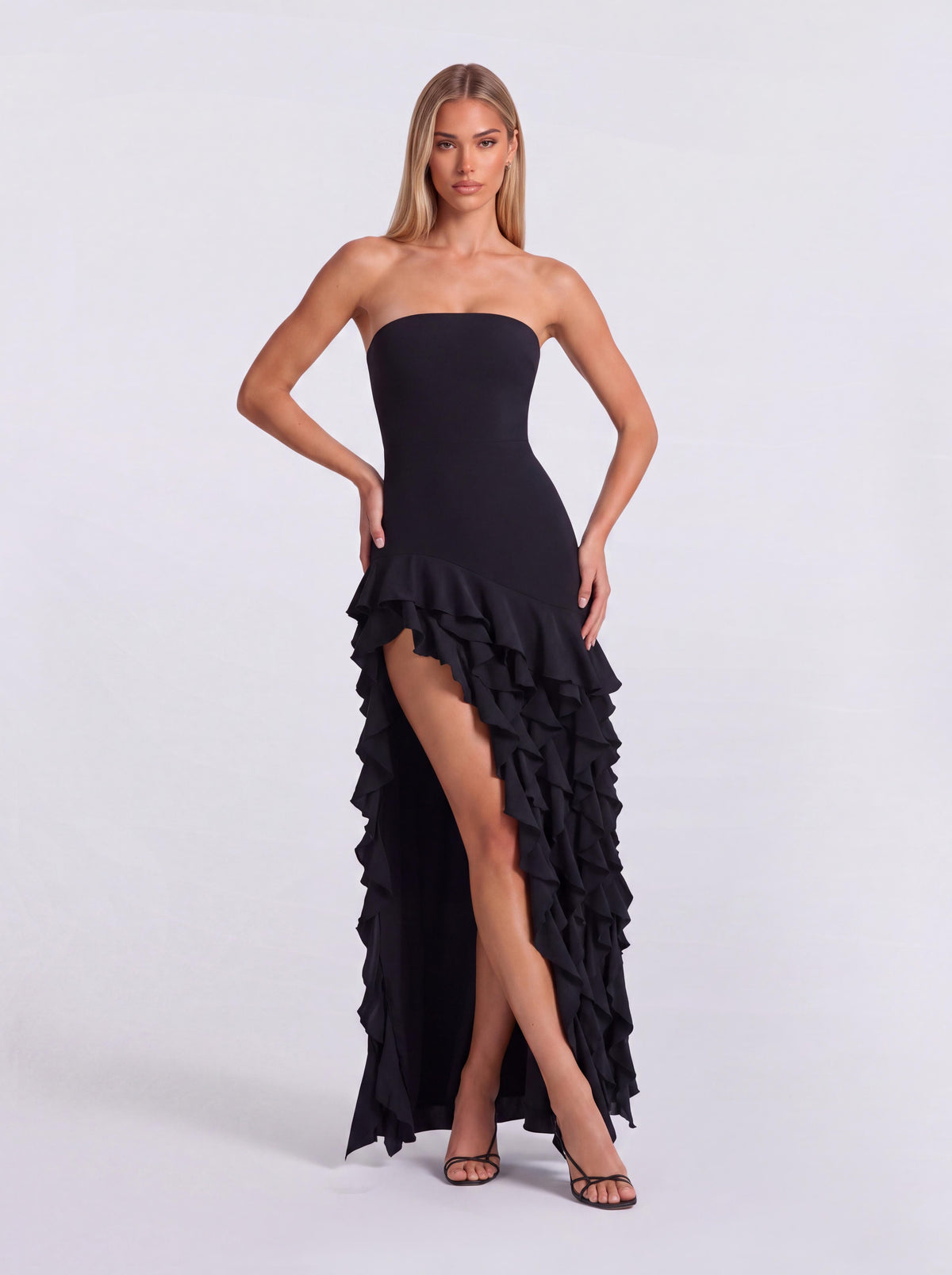 Strapless Ruffled High Split Slim-Fit Long Dress