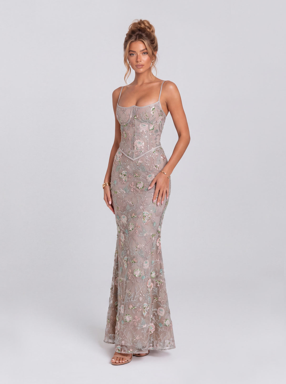 Vintage Floral Beaded Lace Belted Mermaid Dress