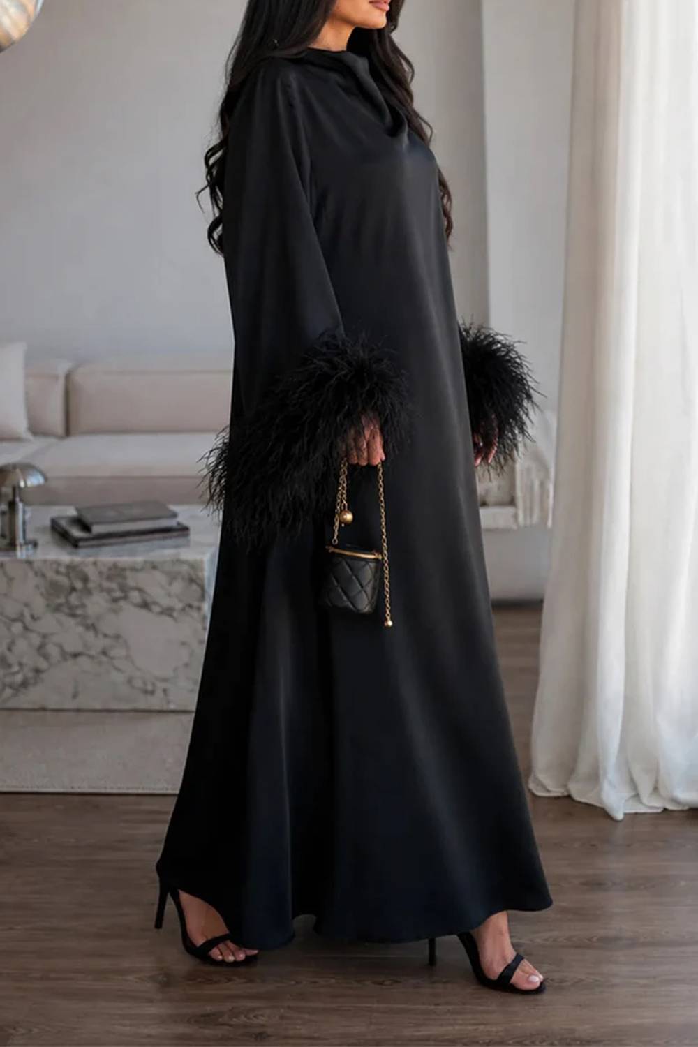 Loose Feather Cuff Long Dress Gown
