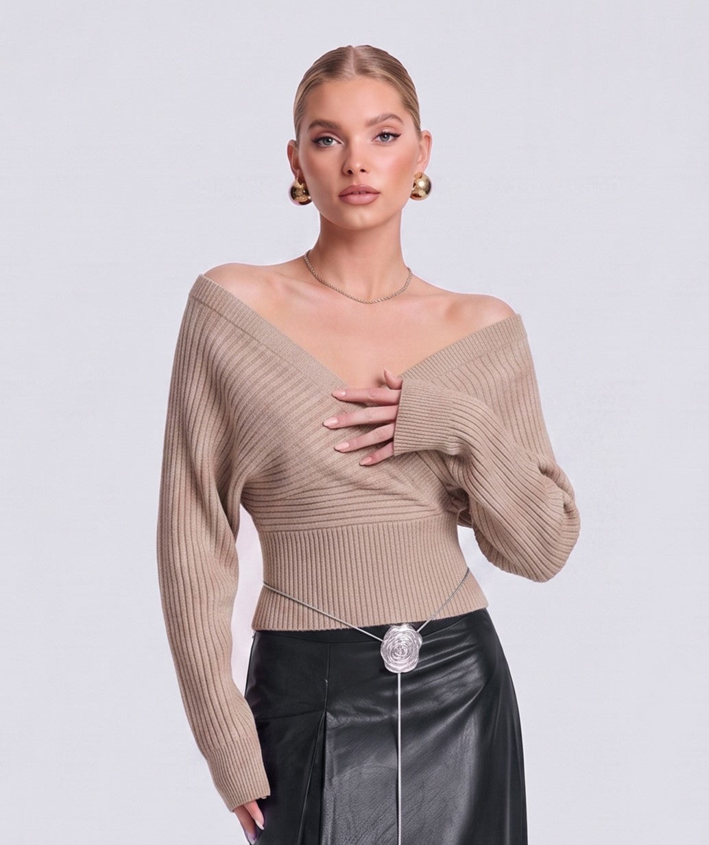 Monlark Women Off Shoulder Wrap V‑Neck Knit Sweater