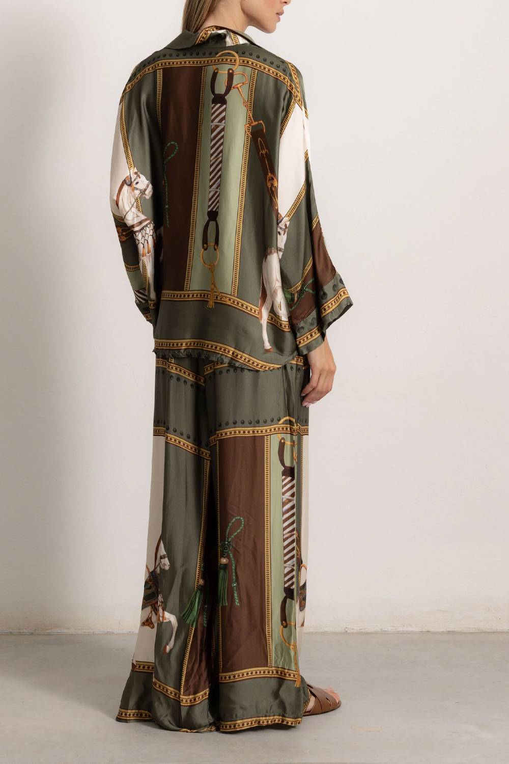 Vintage Equestrian Print Button‑Down Shirt & Wide‑Leg Pants Two‑Piece Set