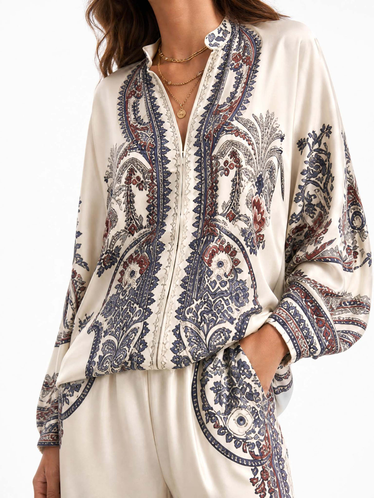 Bohemian Print Long Sleeve Top Wide Leg Pants Set Vacation Two Piece Outfit