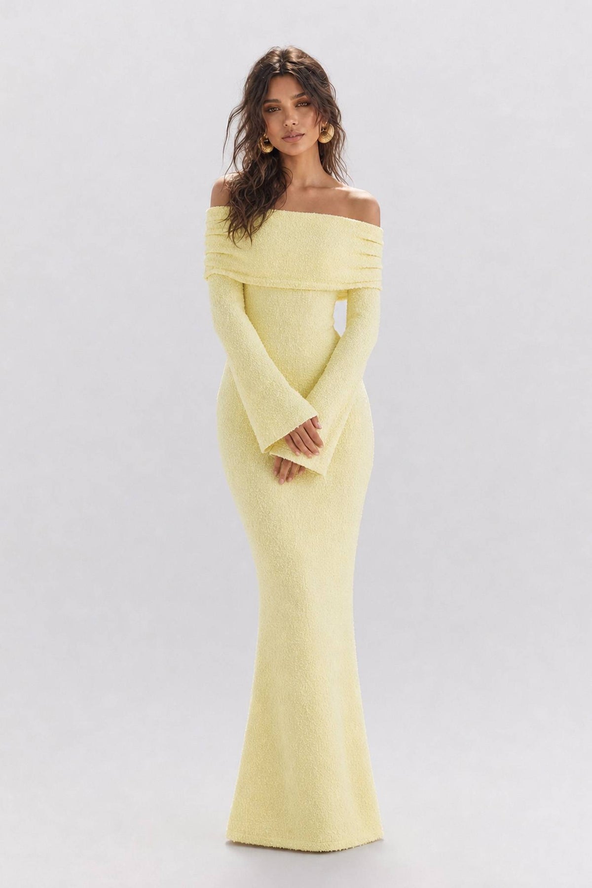 Texture Tweed Off-shoulder Long Dress