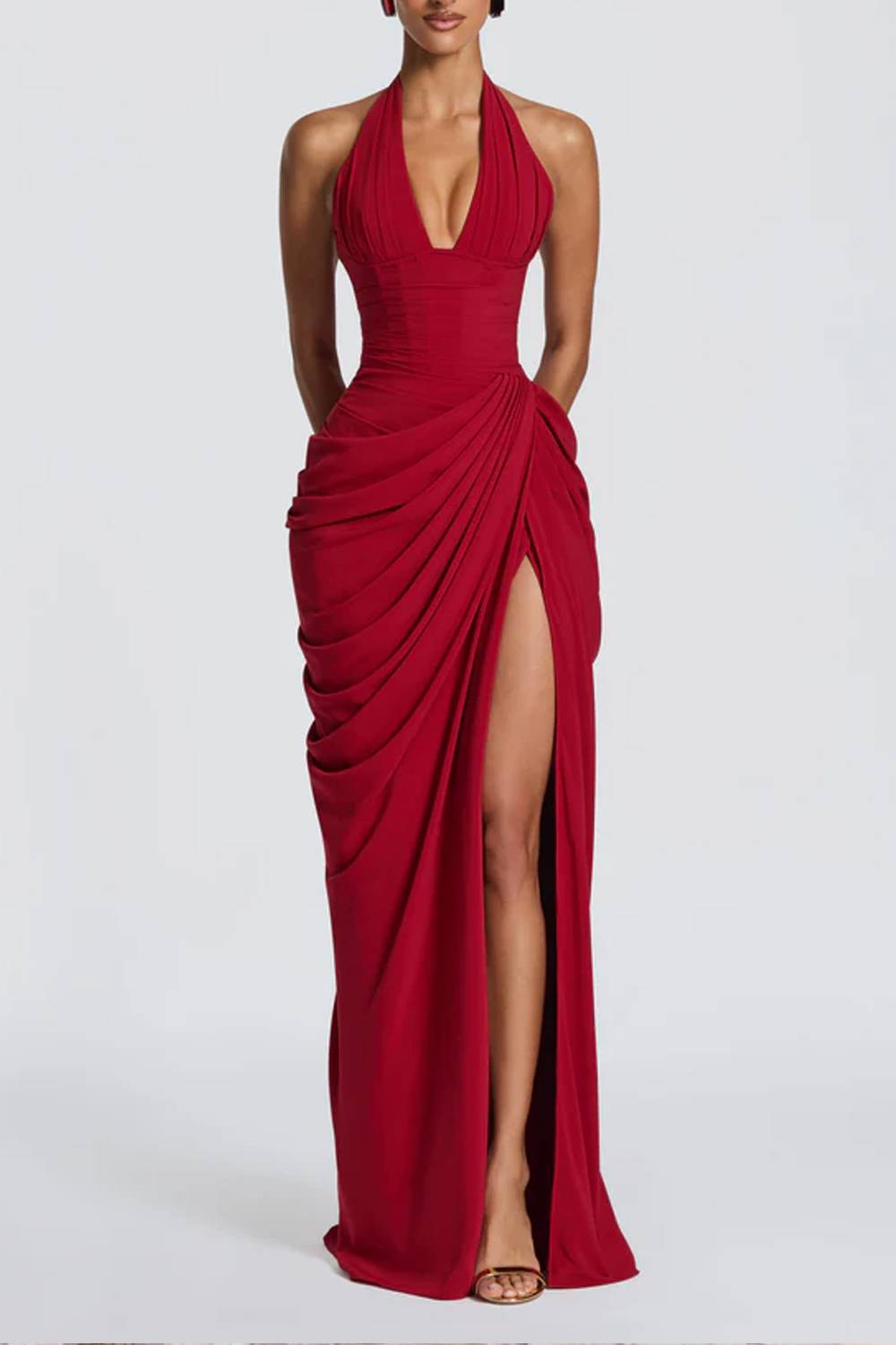 Halter Deep‑V Ruched Waist High‑Slit Maxi Evening Dress