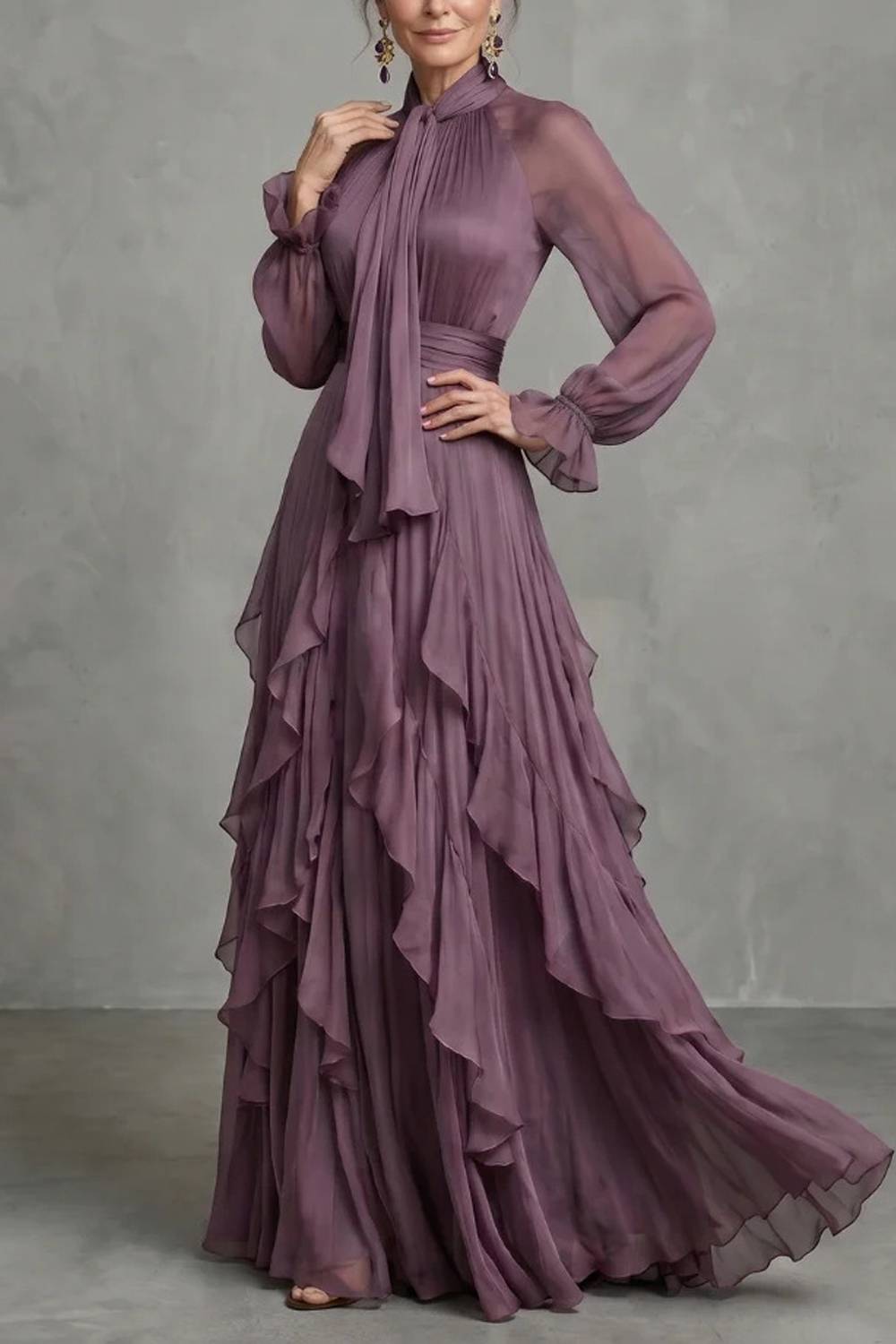 High Neck Tie Bow Sheer Long Sleeve Ruffled Flowy Maxi Evening Gown