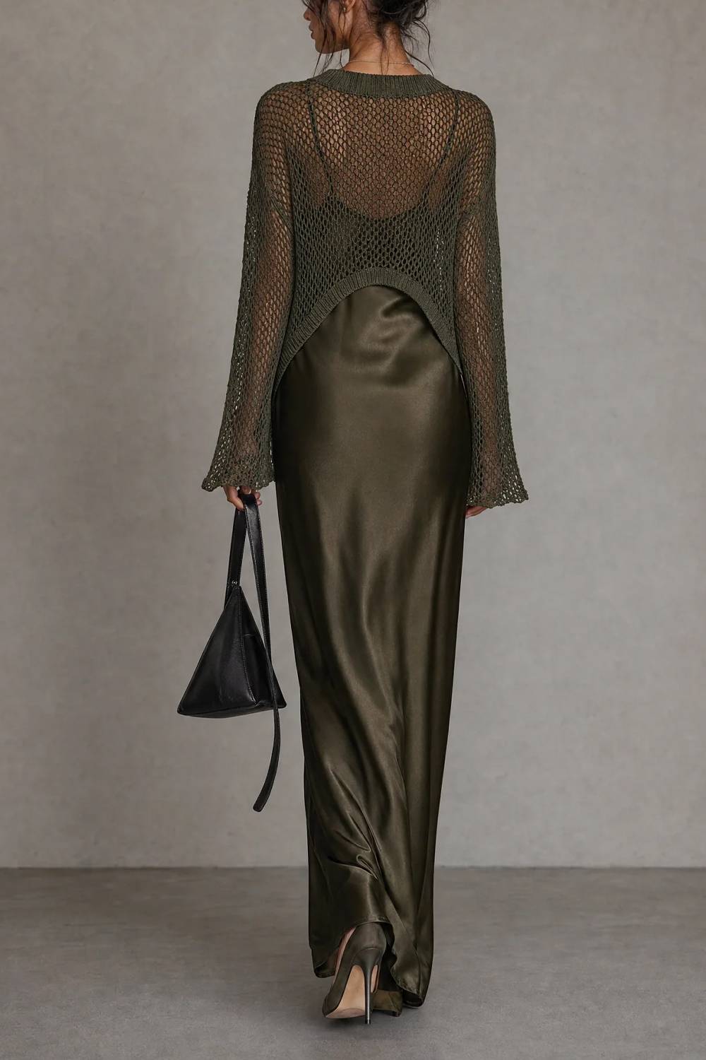 Two‑Piece Outfit Hollow Knit Cover Up & Satin Slip Maxi Dress Set