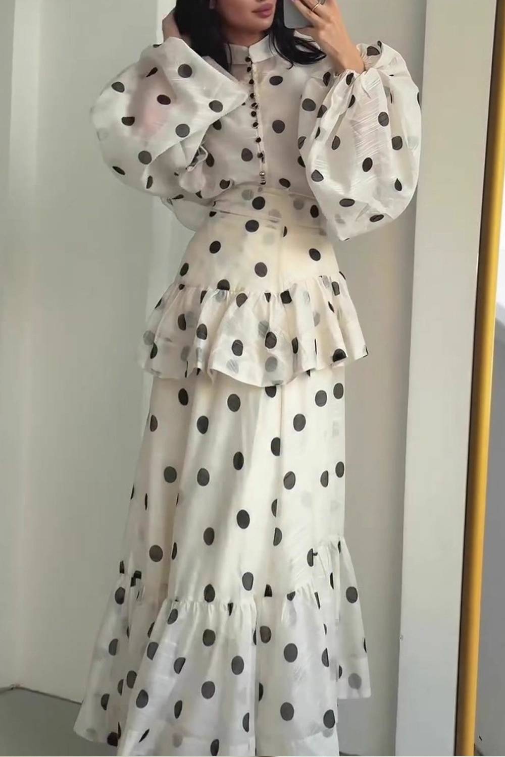 Retro Polled Bubble Sleeve Ruffled Maxi Dress