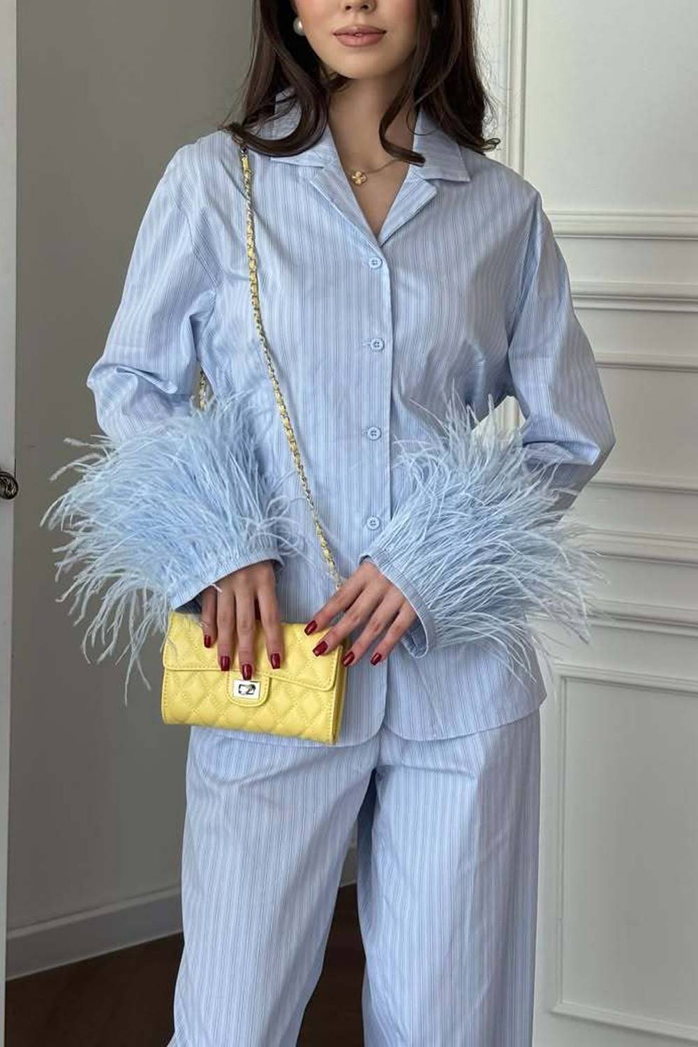 Striped Feather Cuff Blazer & Wide‑Leg Pants Two‑Piece Set