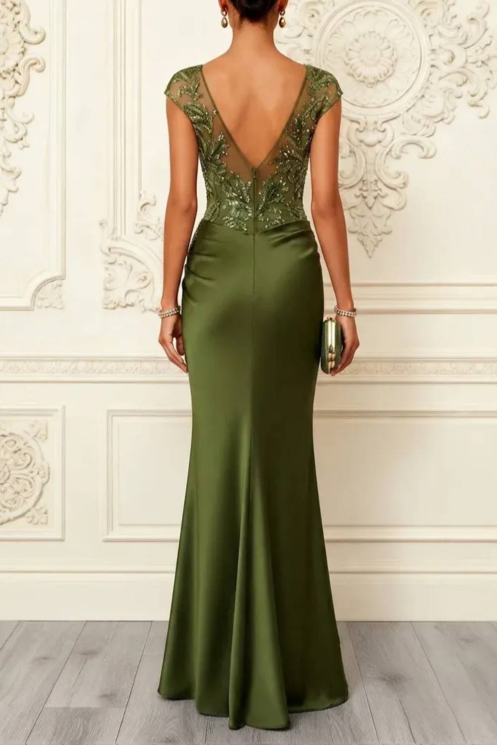 Illusion Neck Lace Appliqué Satin Mermaid Formal Maxi Dress