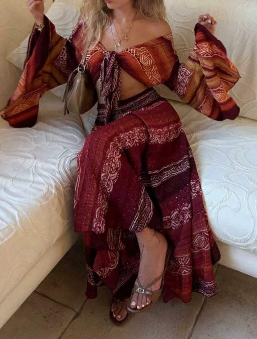 Bohemian Two-Piece Wide-Leg Pants With Collar Collar And Strap