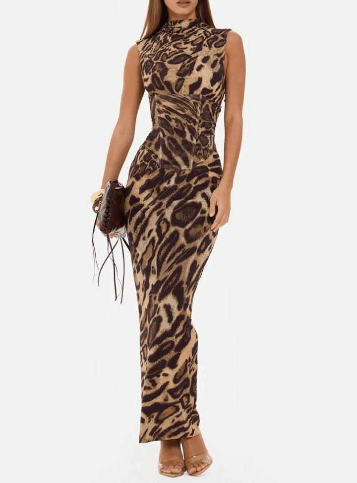 High Collar Sleeveless Leopard-Print Tight Waisted Sheath Long Dress