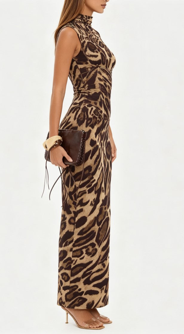 High Collar Sleeveless Leopard-Print Tight Waisted Sheath Long Dress