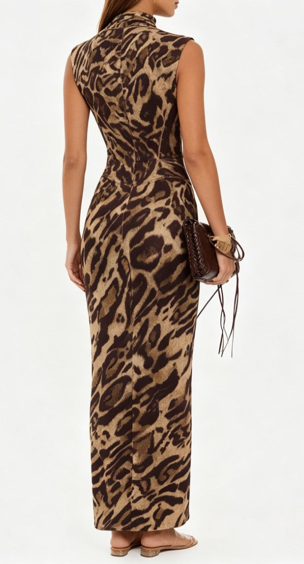 High Collar Sleeveless Leopard-Print Tight Waisted Sheath Long Dress