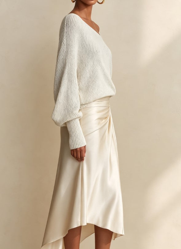 Lazy Crossneck Knit Top Satin Kink Irregular Skirt Set