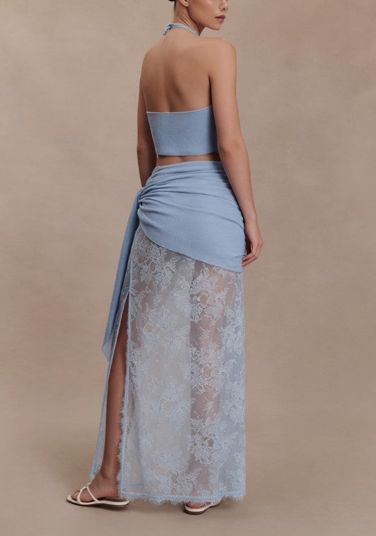 Light Blue Lace Hanging Neck Knitted Strap Kink Split Perspective Long Dress Two-piece Set