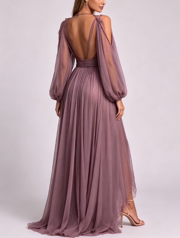 Cold Shoulder Deep V Bubble Sleeve Tight Waist High Split Elegant Mesh Long Evening Gown