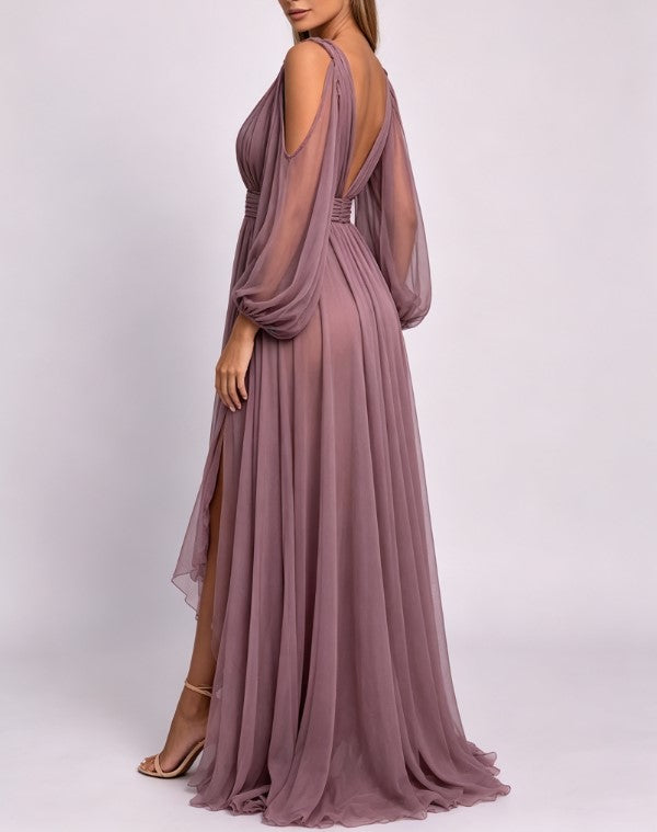 Cold Shoulder Deep V Bubble Sleeve Tight Waist High Split Elegant Mesh Long Evening Gown