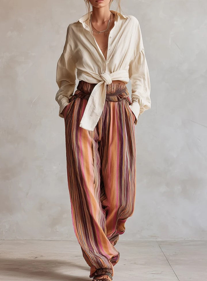 Tied Waist Shirt Striped Harem Pants Set